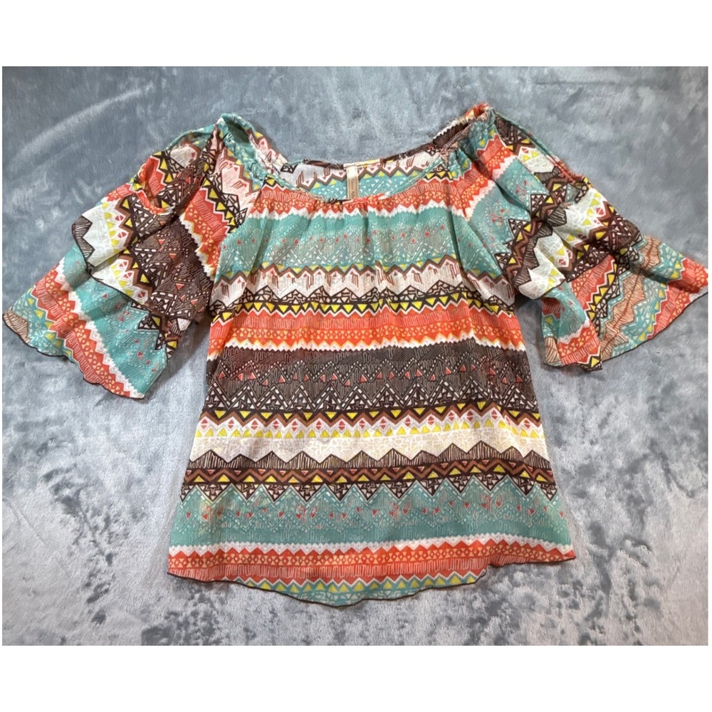 Carrie Allen Womens Cold Shoulder Ruffle Sleeve Tribal Blouse Med Western Boho